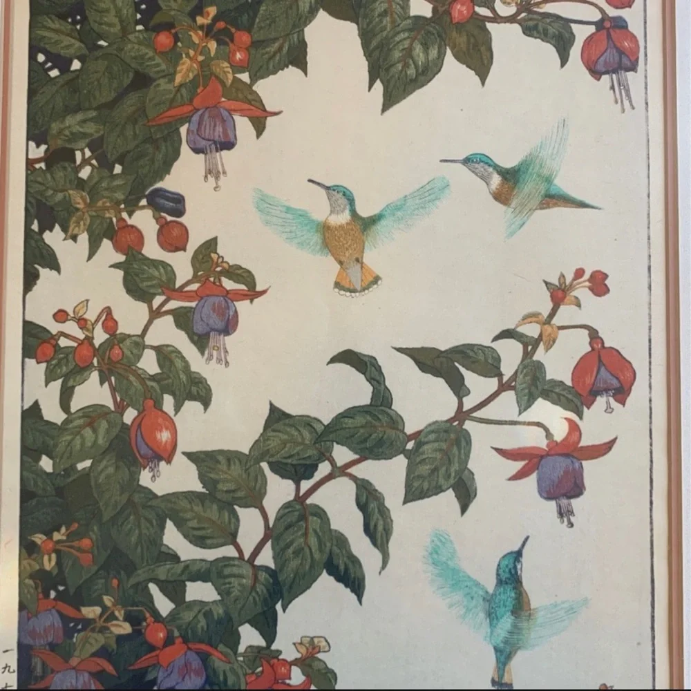 Toshi Yoshida Vintage Woodblock Framed Hummingbird and Fuchsia Signed Art Print - Picture 3 of 9